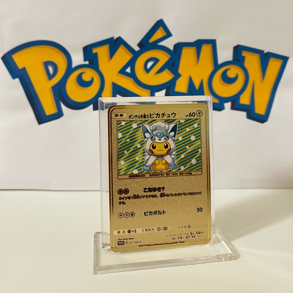 Pokemon Japanese Poncho-Wearing Pikachu 037/SM-P Alolan Vulpix Metal Gold Card